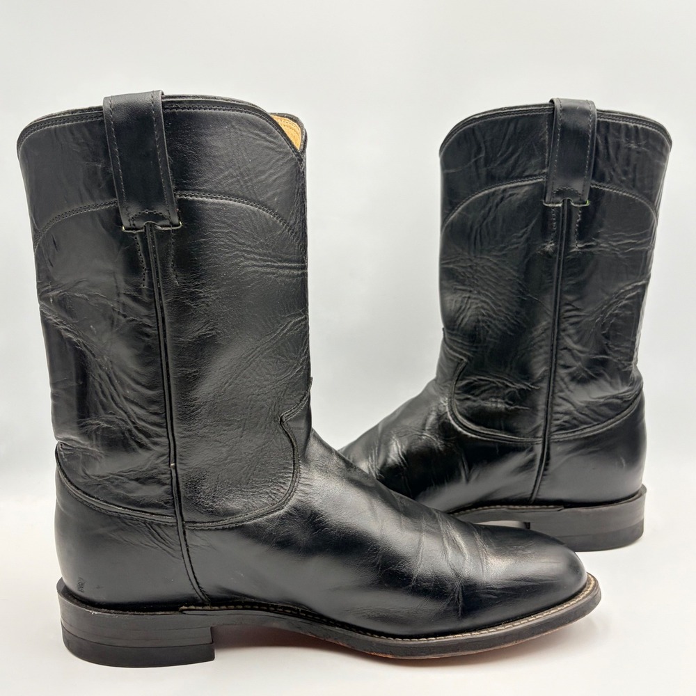 Justin 3133 Jackson Black Leather Western Roper Boots Mens Size 8 EE Pull on USA - Picture 9 of 15